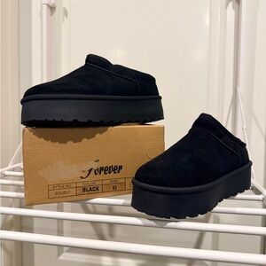 Black Platform Slip-On Suede Mules with Faux Fur Inside NEW